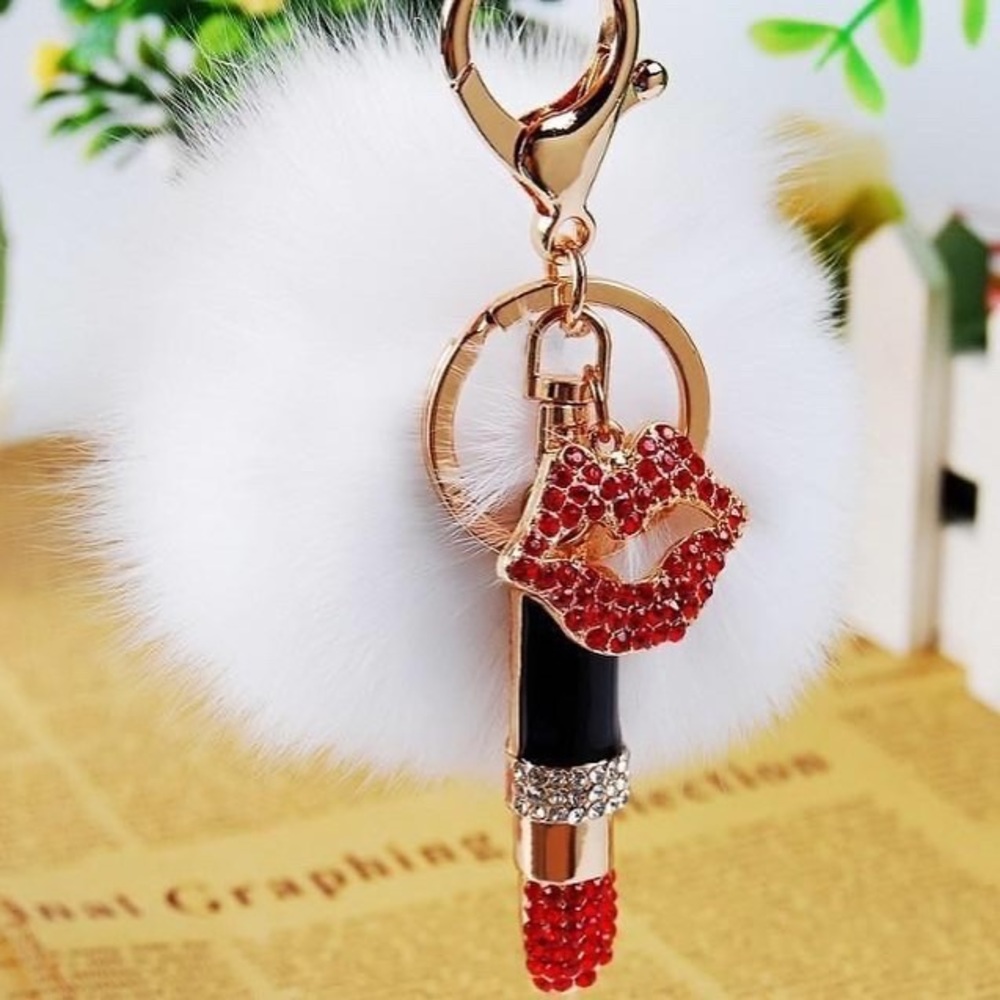 Lipstick pom pom bag charm keychain